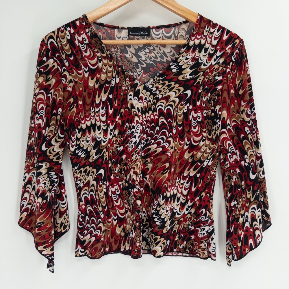 Vintage Y2K Top Women S Red Psychedelic Bell Sleeve Stretchy Fitted Shimmer Club